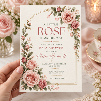 Hand holding a Little Rose baby shower invitation with gold arch and blush roses
