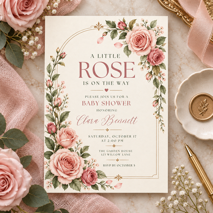 Gold arch rose baby shower invitation among pink ribbon and baby breath