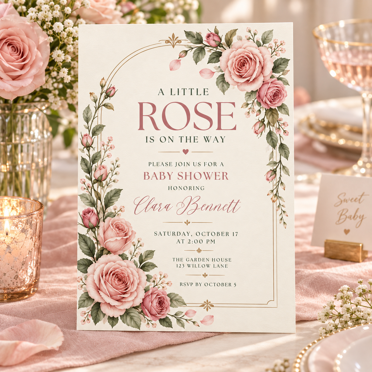 Blush rose arch invitation on a table with candles and a gold pen