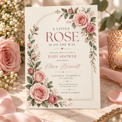 Cream and gold baby shower invitation with cascading roses on pink fabric