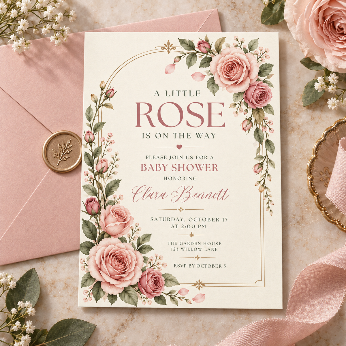 Gold arch baby shower invitation on a pink envelope with gold wax seal