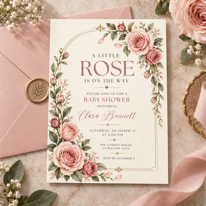 Gold arch baby shower invitation on a pink envelope with gold wax seal