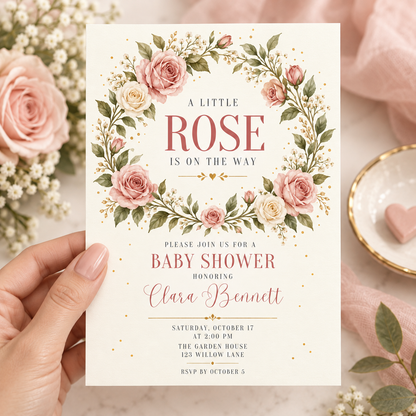 Hand holding a Little Rose baby shower invitation with a round blush rose wreath