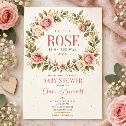 Rose wreath baby shower invitation on a pink table with roses and baby breath