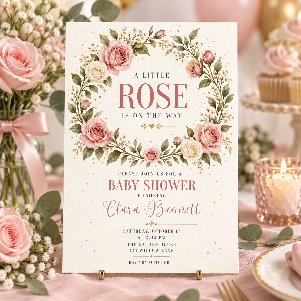 Little Rose wreath invitation standing among candles and pink ribbon