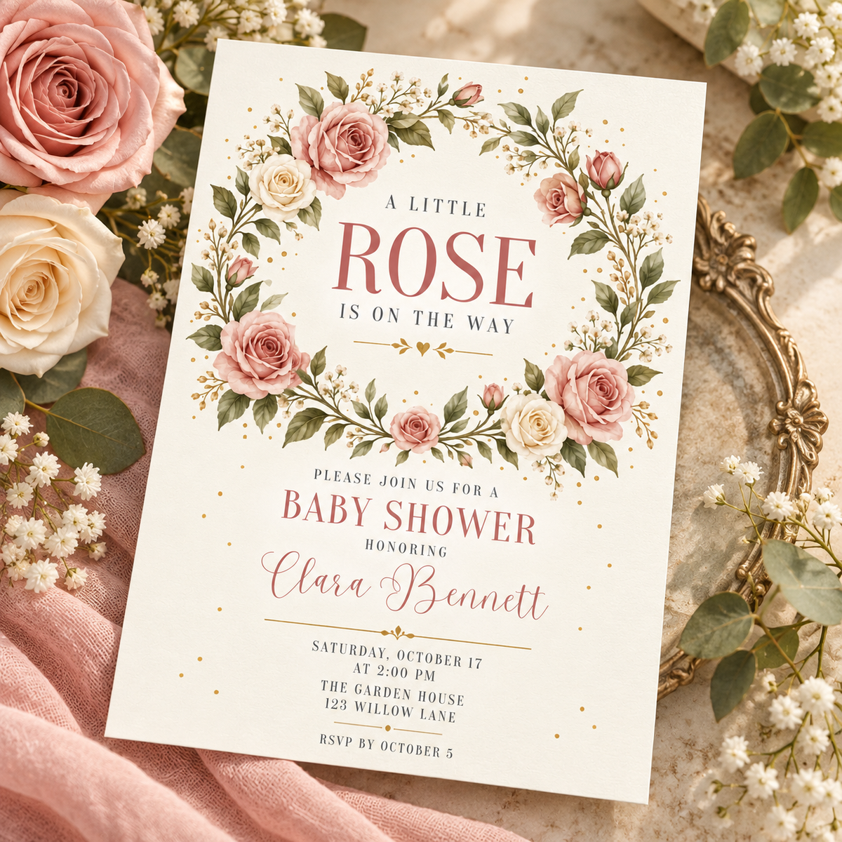 Angled cream rose wreath baby shower invitation on gold-edged plates