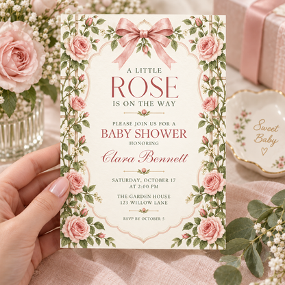Hand holding a Little Rose baby shower invitation with rose trellis border and bow