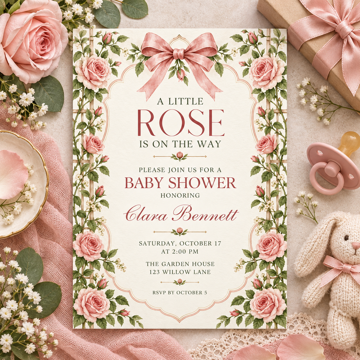 Rose trellis baby shower invitation beside a plush bunny and pink roses