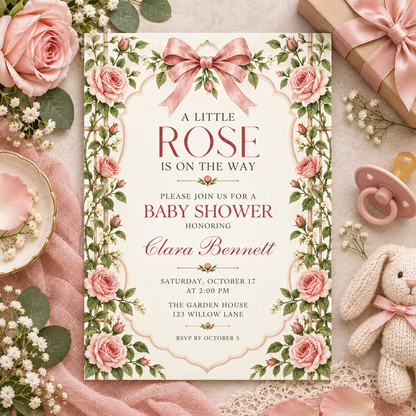Rose trellis baby shower invitation beside a plush bunny and pink roses