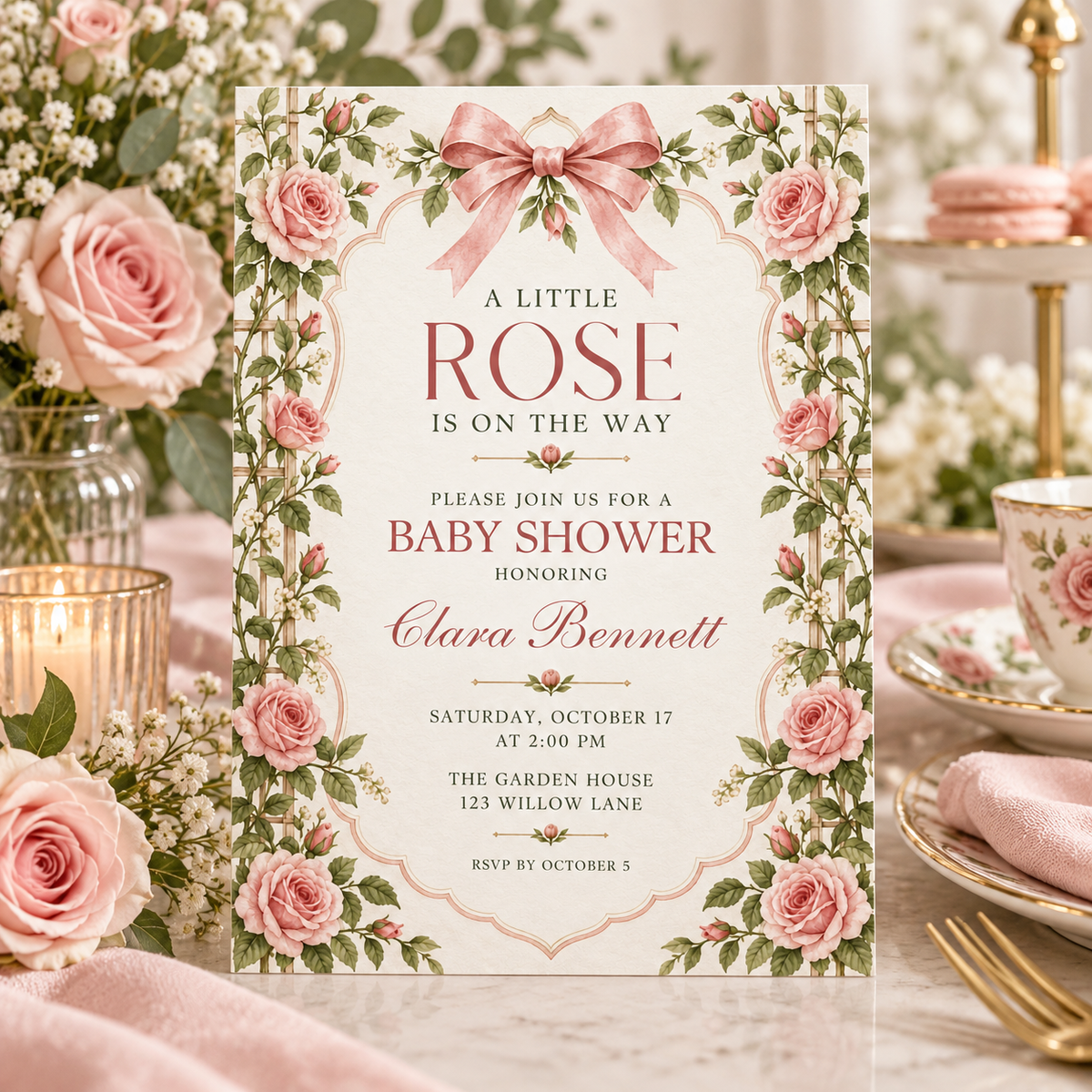 Vintage pink baby shower invitation on a table with candles and flowers