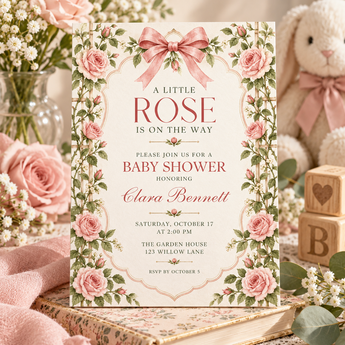 Rose trellis invitation with baby blocks and a bunny in the background