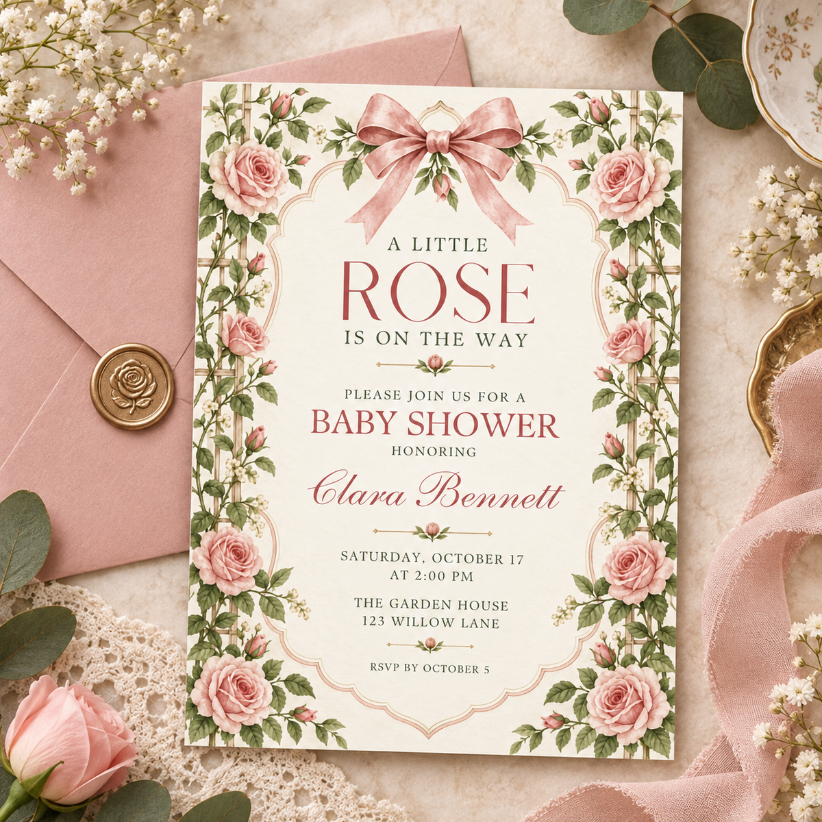 Little Rose trellis invitation on a pink envelope with gold wax seal