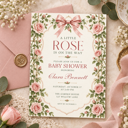 Little Rose trellis invitation on a pink envelope with gold wax seal