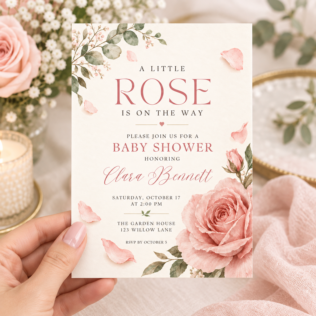 Hand holding a minimal Little Rose baby shower invitation with one large blush rose