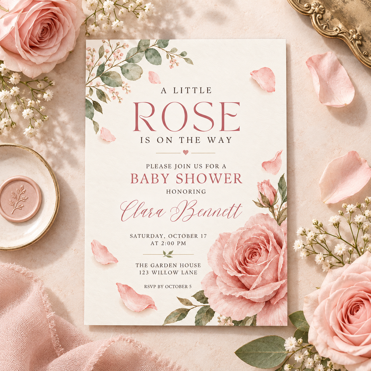 Minimal rose baby shower invitation with scattered petals on a pink table