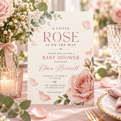 Little Rose invitation beside baby breath, candles and pink fabric
