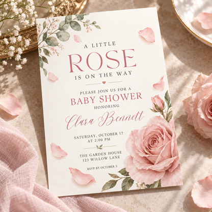 Angled cream baby shower invitation with a blush rose and greenery