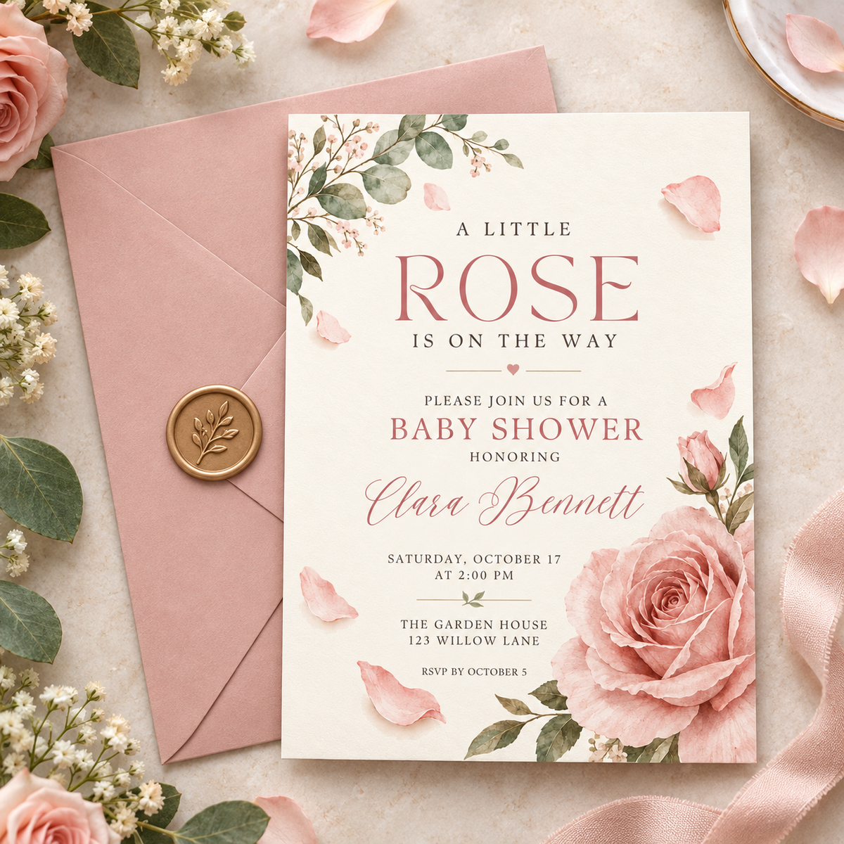 Minimal rose baby shower invitation on a pink envelope with gold seal