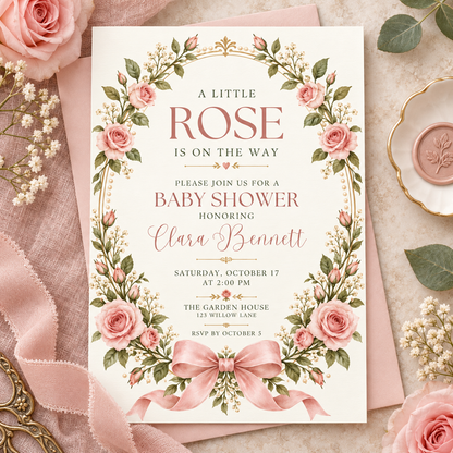 Cream Little Rose baby shower invitation with rose vine wreath and pink bow