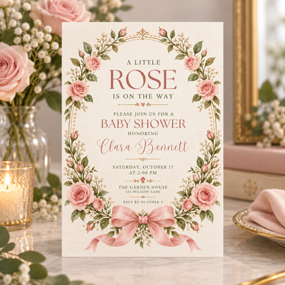 Rose vine baby shower invitation on a table with pink flowers and candles