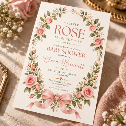 Angled cream baby shower invitation with oval rose frame and ribbon