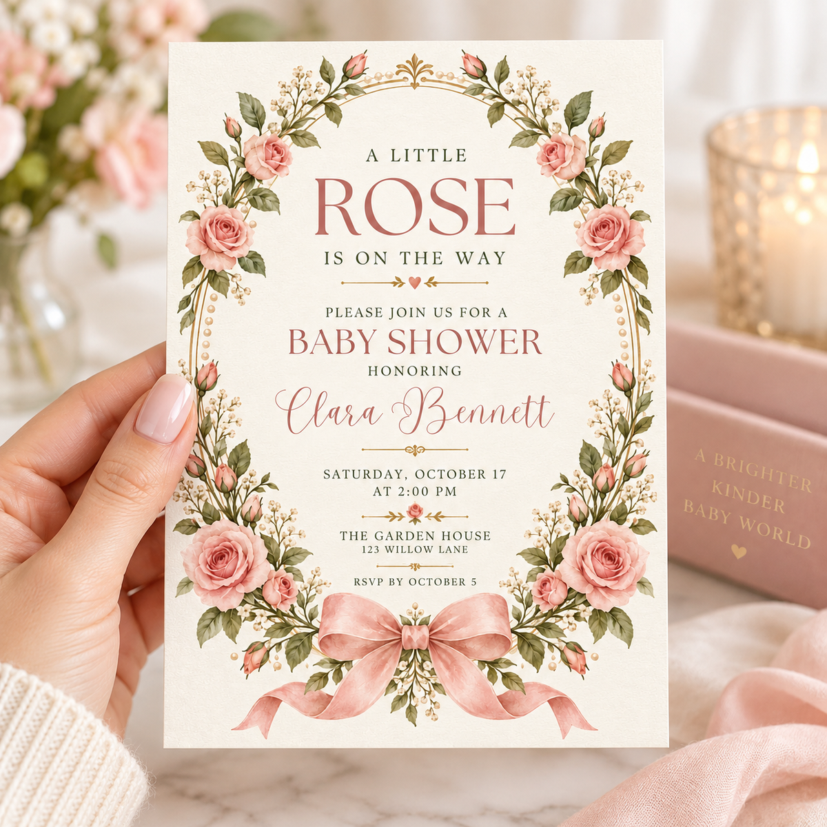 Hand holding a rose vine and bow baby shower invitation
