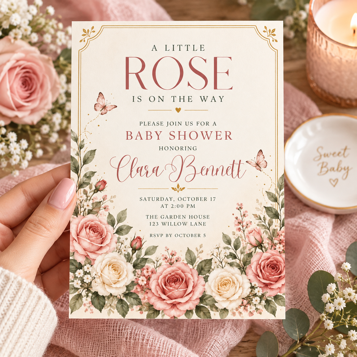 Hand holding a Little Rose baby shower invitation with blush roses and butterflies