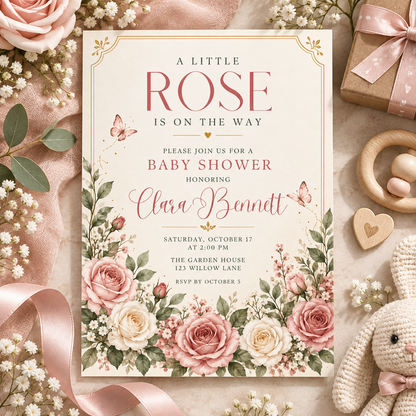 Blush garden rose baby shower invitation with a plush bunny and pink ribbons