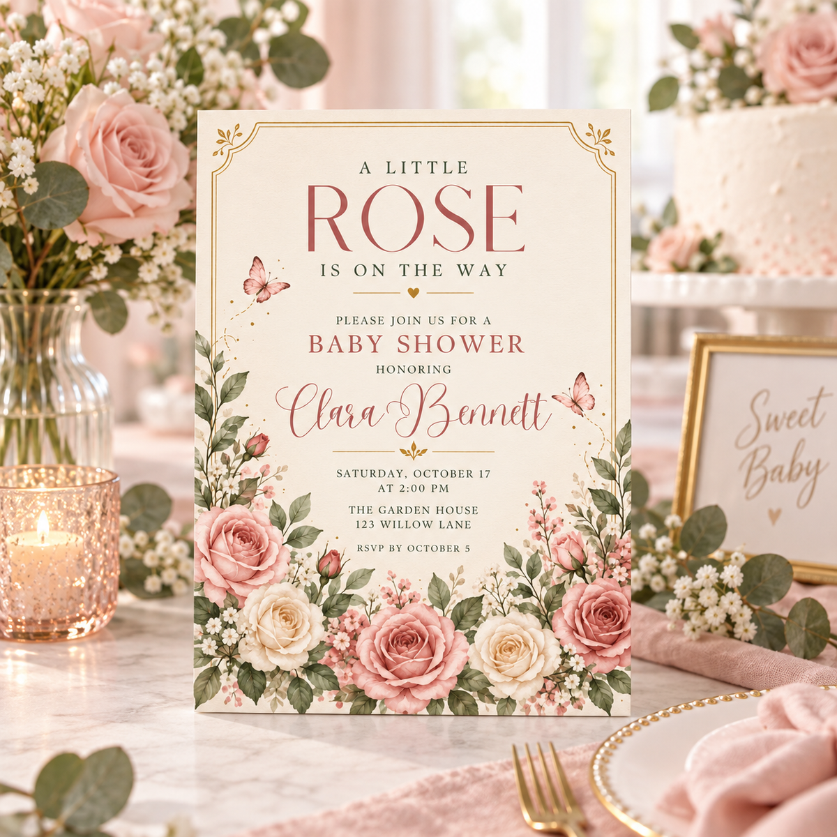 Little Rose butterfly invitation on a table with candles and baby breath