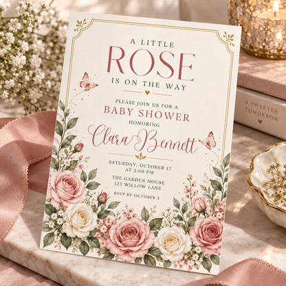 Cream and pink rose baby shower invitation on a pink tablecloth