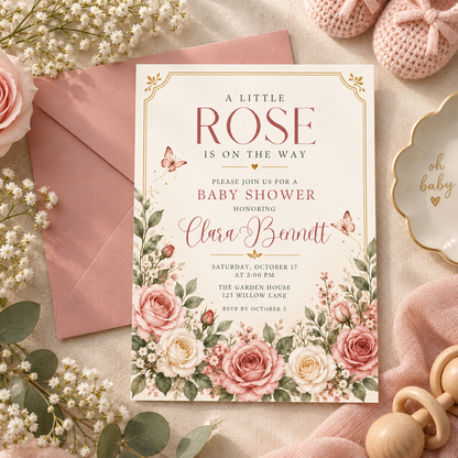 Rose baby shower invitation beside a pink envelope and gold baby rattle
