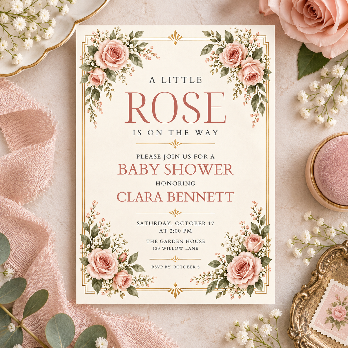 Cream Little Rose baby shower invitation with corner roses and gold frame on pink linen