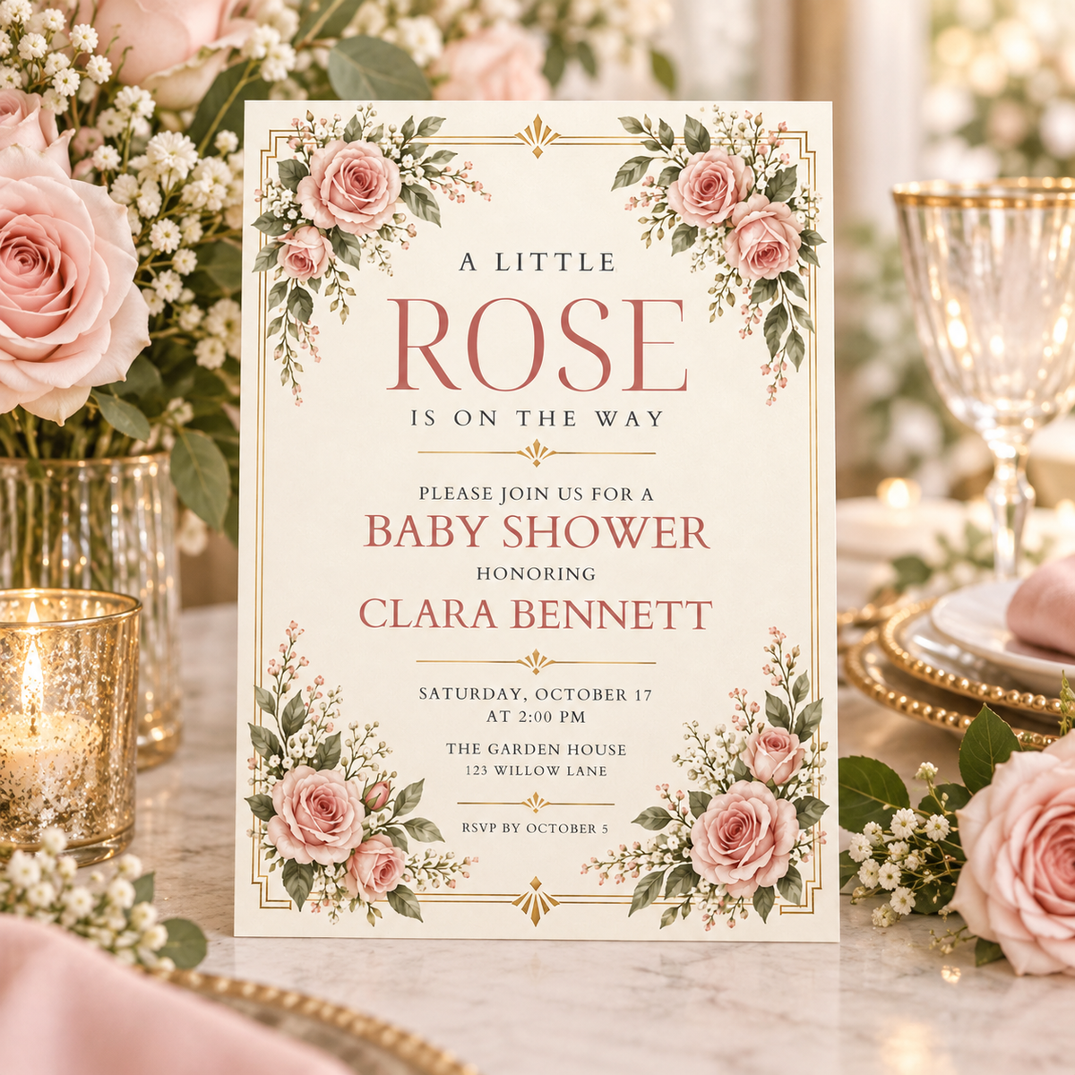 Gold framed rose baby shower invitation among pink flowers and baby breath