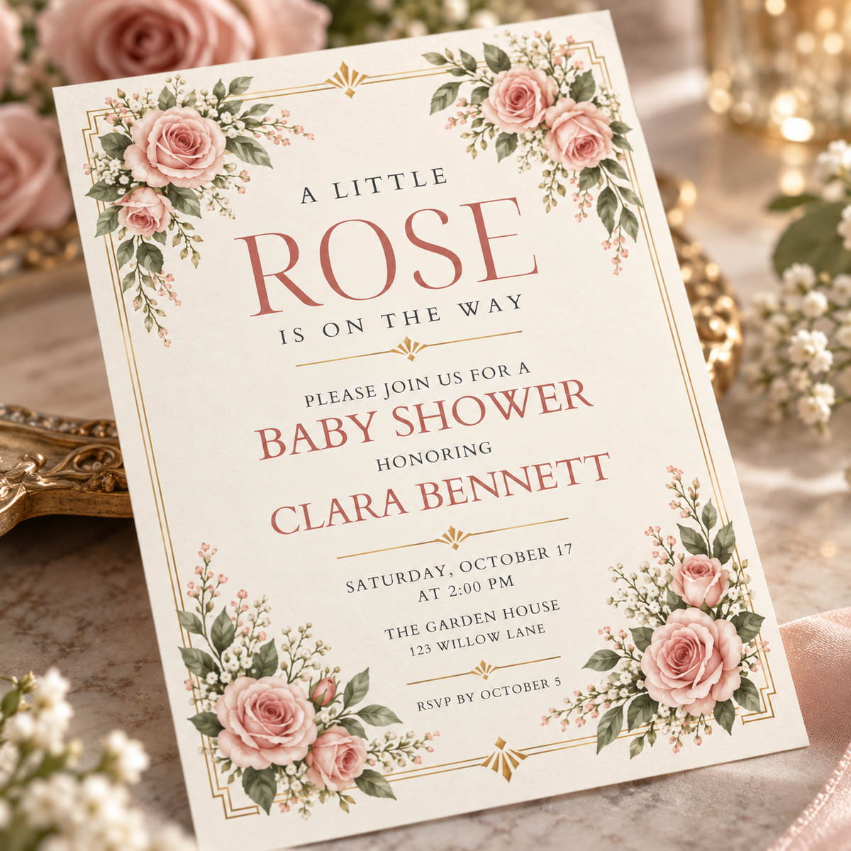 Angled blush rose baby shower invitation on a white table