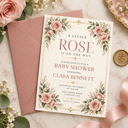 Rose baby shower invitation beside a pink envelope with gold wax seal