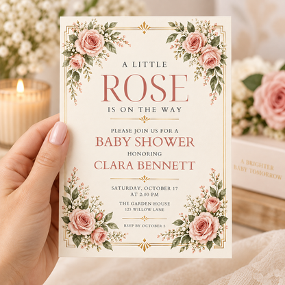 Hand holding a cream and gold Little Rose baby shower invitation