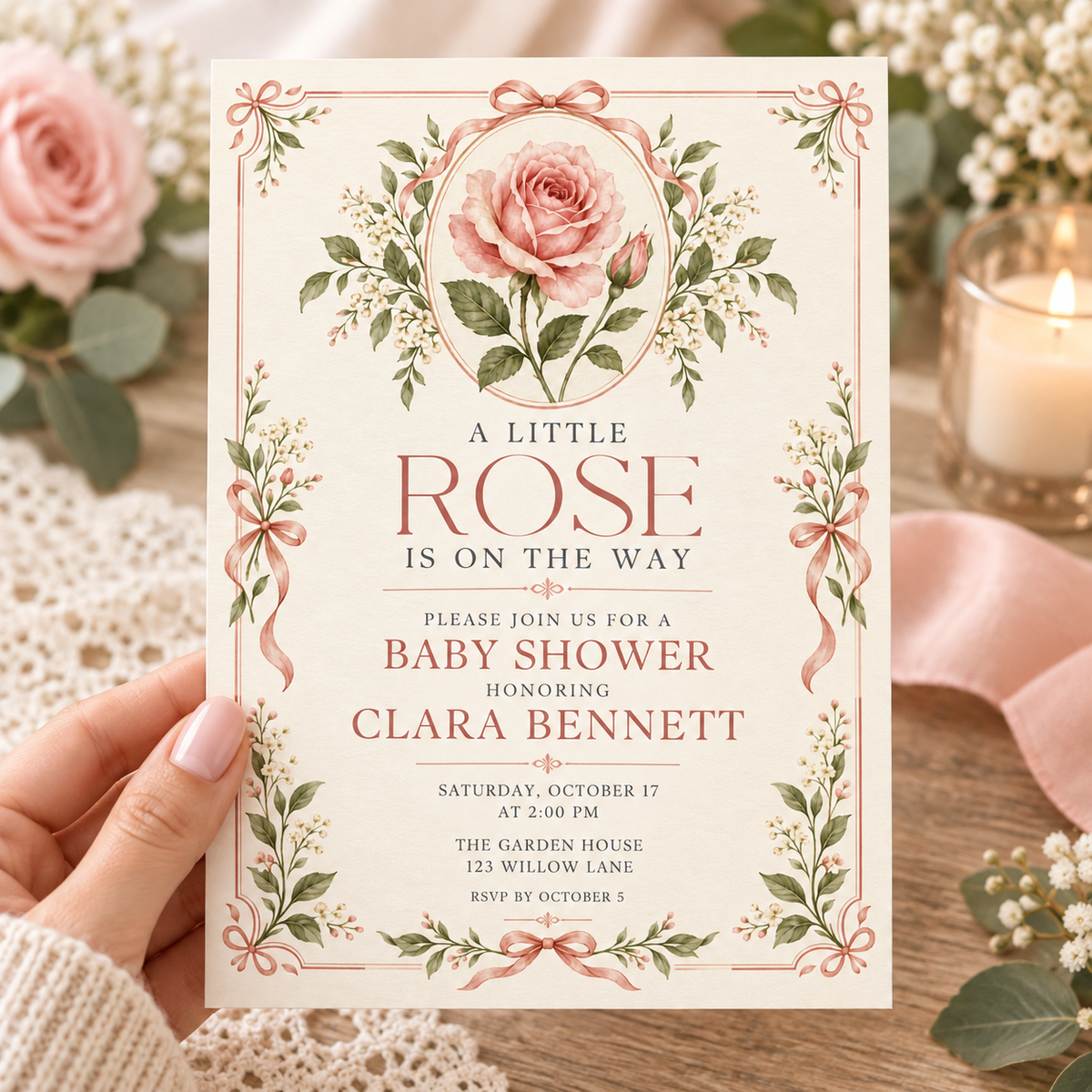 Hand holding a cream Little Rose baby shower invitation with a rose cameo crest