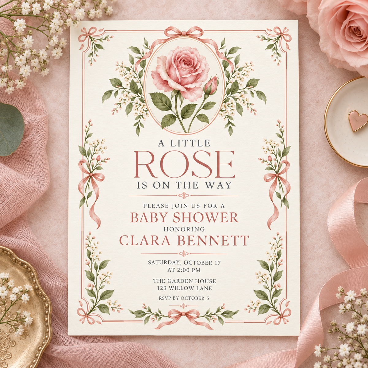 Vintage rose baby shower invitation on a table with pink ribbon and flowers