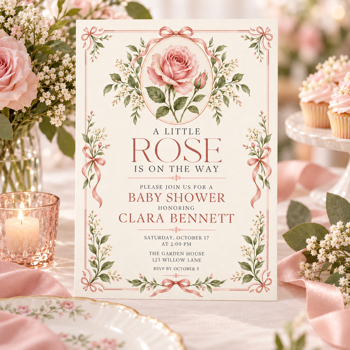 Little Rose cameo invitation standing beside candles and blush roses