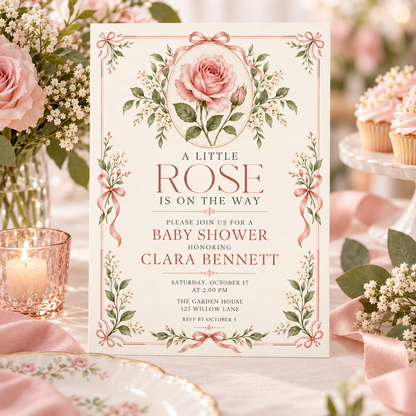 Little Rose cameo invitation standing beside candles and blush roses