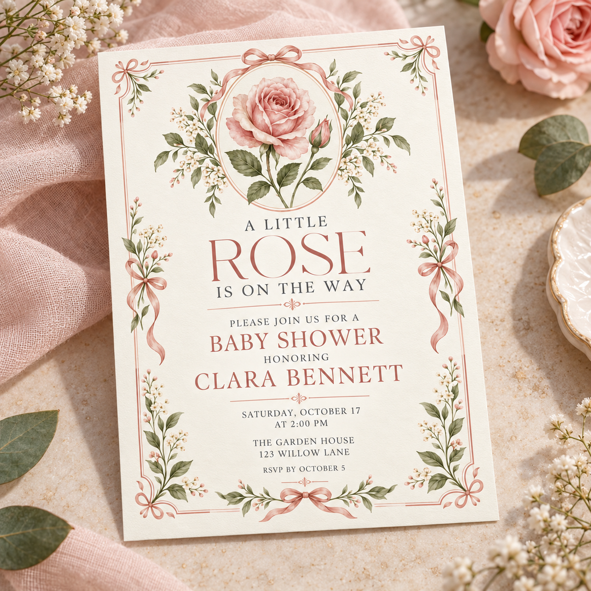 Cream baby shower invitation with pink bows on a lace and ribbon setting