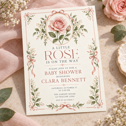 Cream baby shower invitation with pink bows on a lace and ribbon setting