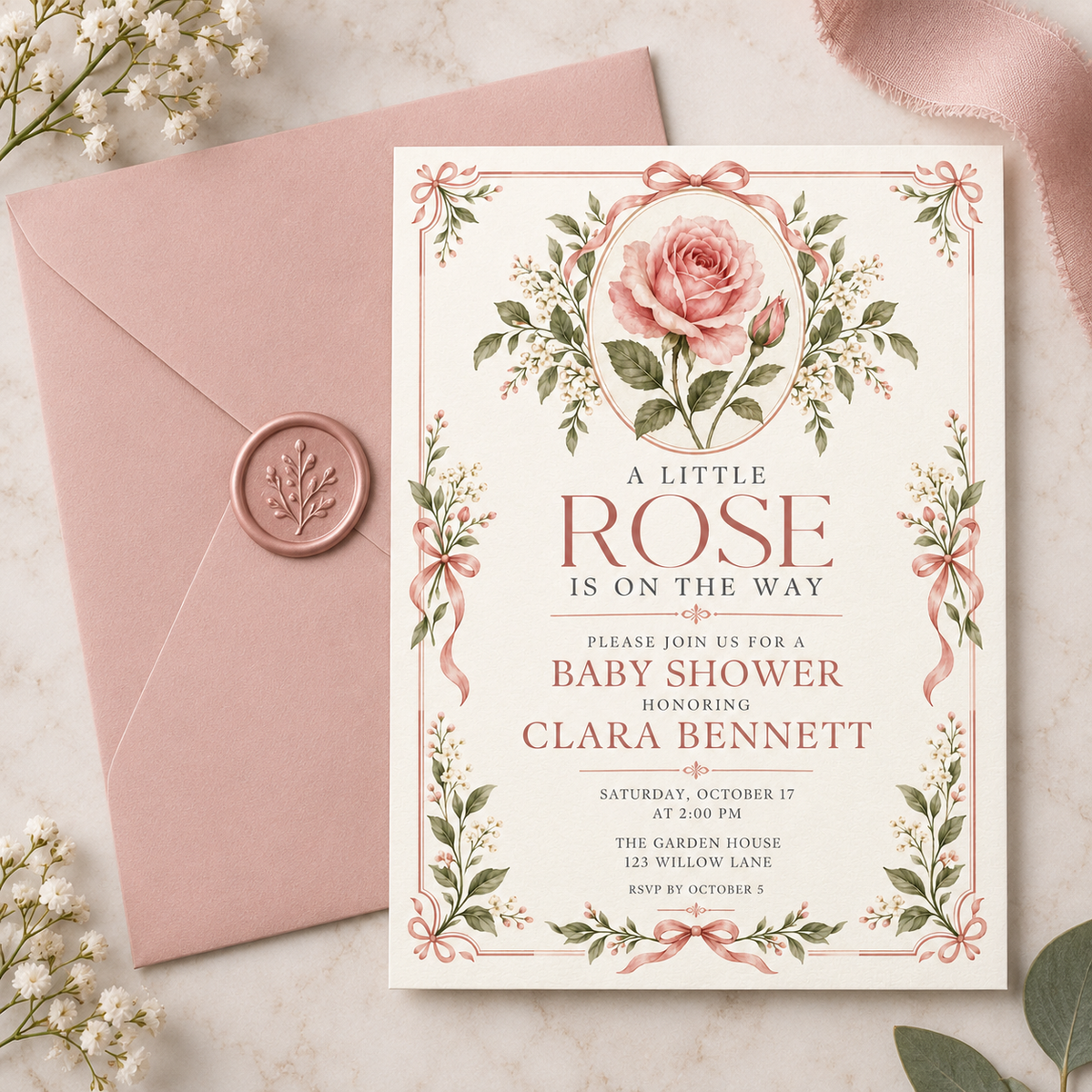 Vintage rose baby shower invitation on a pink envelope with wax seal