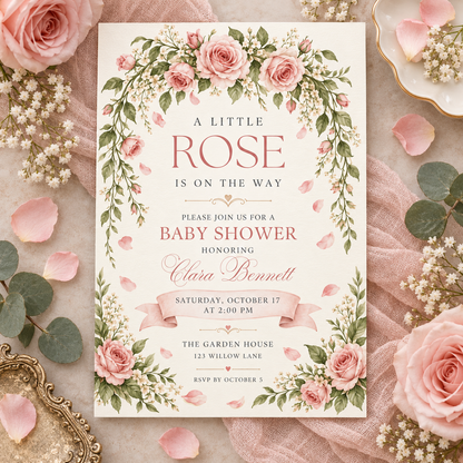 Blush rose arch Little Rose baby shower invitation on pink fabric with petals