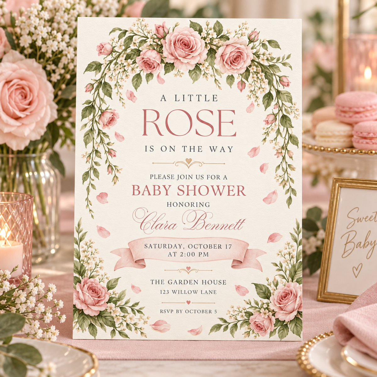 Little Rose baby shower invitation beside pink roses and macarons