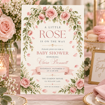 Little Rose baby shower invitation beside pink roses and macarons