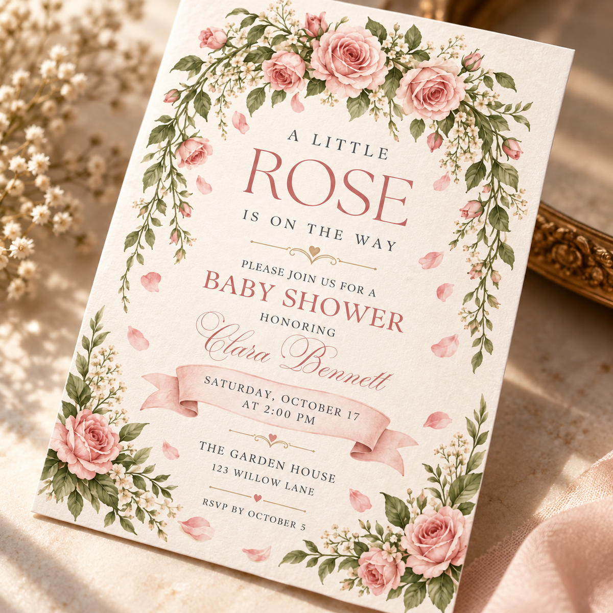 Angled cream baby shower invitation with blush rose garland and ribbon banner