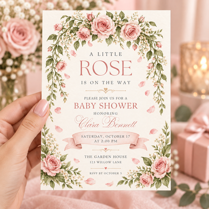 Hand holding a blush pink Little Rose baby shower invitation