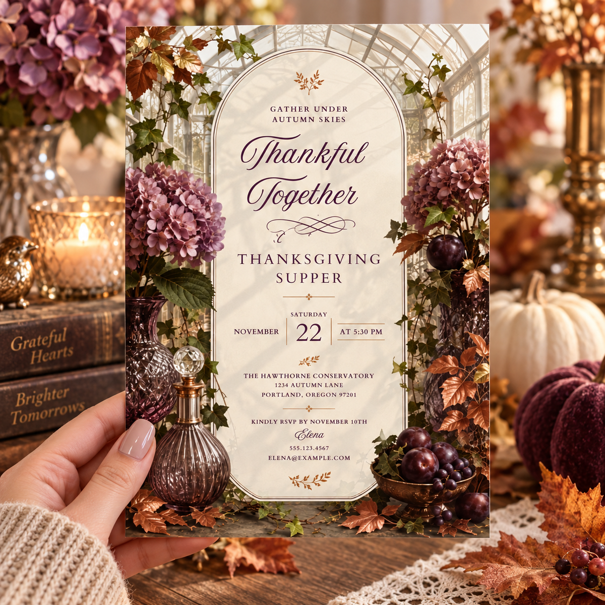 Thankful Together Thanksgiving Supper invitation Canva template held in hand, editable purple hydrangea design