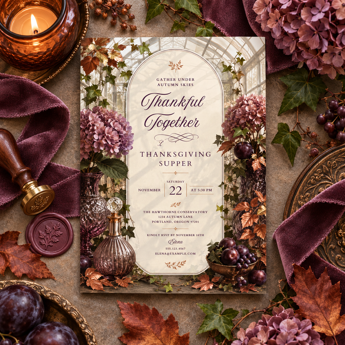 Thankful Together Thanksgiving Supper invitation Canva template with candle and wax seal, editable autumn floral design